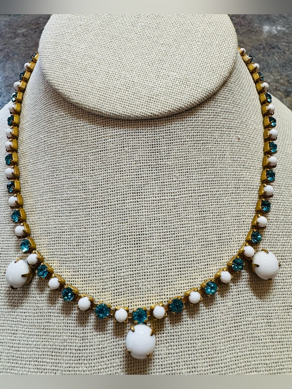 Milk glass and blue rhinestone choker necklace